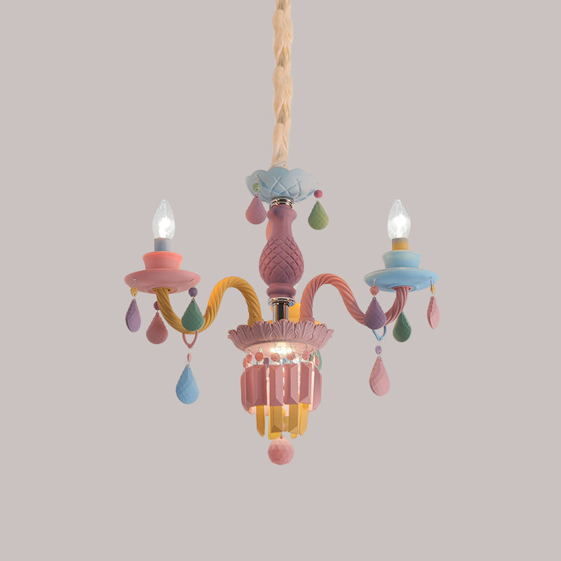 Kids Candle Ceiling Chandelier Crystal 3/5/6-Bulb Girls Bedroom Pendant Lighting in Pink with Curved Arm Clearhalo 'Ceiling Lights' 'Chandeliers' Lighting' options 702421