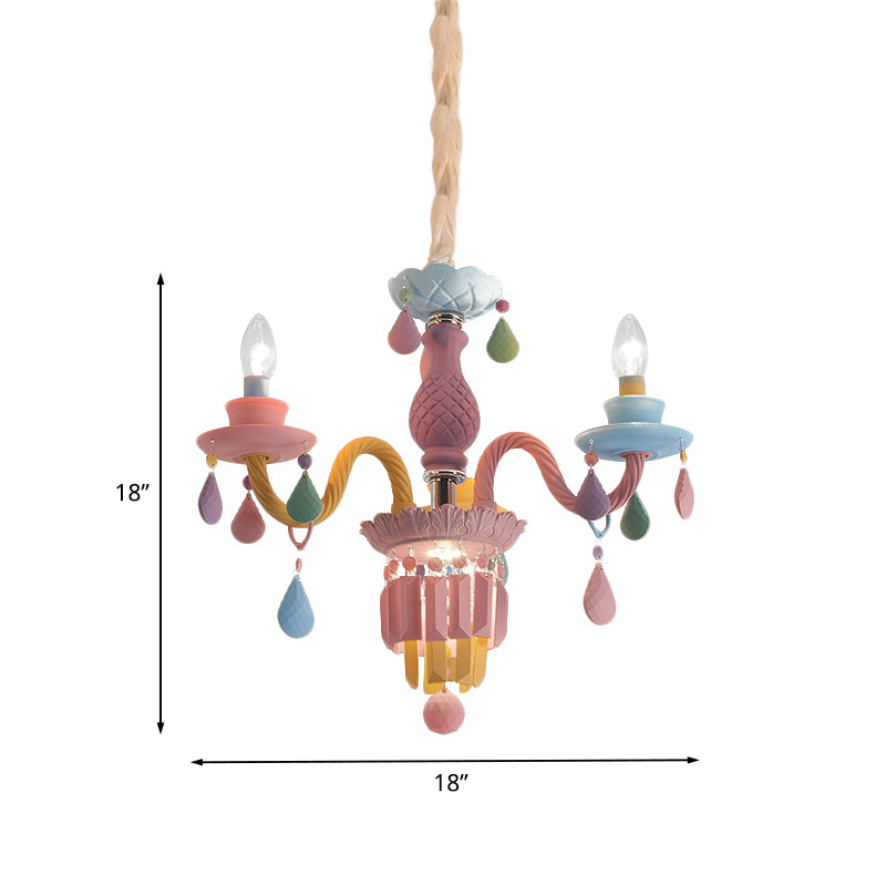 Kids Candle Ceiling Chandelier Crystal 3/5/6-Bulb Girls Bedroom Pendant Lighting in Pink with Curved Arm Clearhalo 'Ceiling Lights' 'Chandeliers' Lighting' options 702422