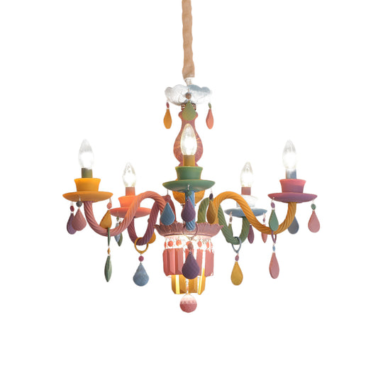 Kids Candle Ceiling Chandelier Crystal 3/5/6-Bulb Girls Bedroom Pendant Lighting in Pink with Curved Arm Clearhalo 'Ceiling Lights' 'Chandeliers' Lighting' options 702425