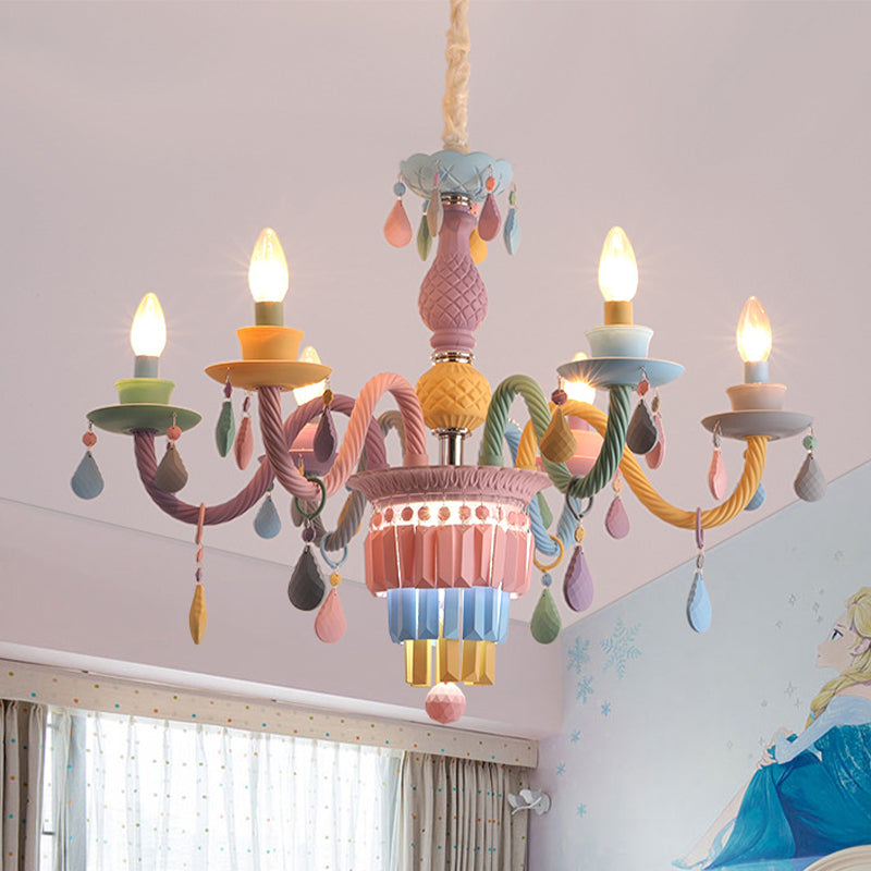 Kids Candle Ceiling Chandelier Crystal 3/5/6-Bulb Girls Bedroom Pendant Lighting in Pink with Curved Arm 6 Pink Clearhalo 'Ceiling Lights' 'Chandeliers' Lighting' options 702428_0aa2893e-faa0-402f-8256-6be57056950f