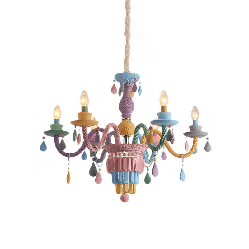 Kids Candle Ceiling Chandelier Crystal 3/5/6-Bulb Girls Bedroom Pendant Lighting in Pink with Curved Arm Clearhalo 'Ceiling Lights' 'Chandeliers' Lighting' options 702430