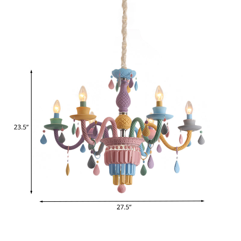 Kids Candle Ceiling Chandelier Crystal 3/5/6-Bulb Girls Bedroom Pendant Lighting in Pink with Curved Arm Clearhalo 'Ceiling Lights' 'Chandeliers' Lighting' options 702432