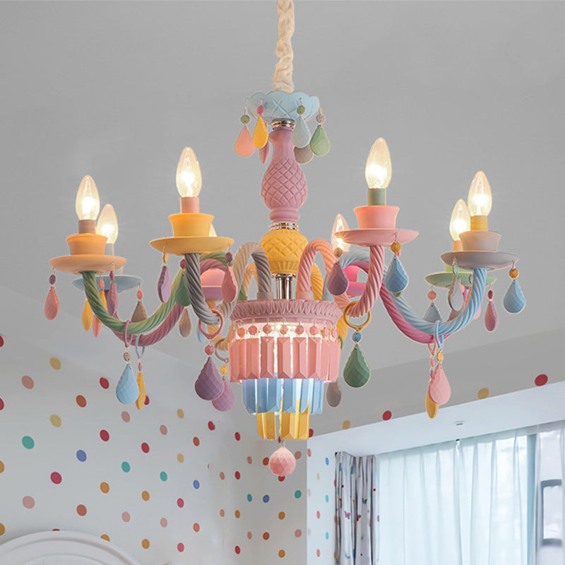 Kids Candle Ceiling Chandelier Crystal 3/5/6-Bulb Girls Bedroom Pendant Lighting in Pink with Curved Arm Clearhalo 'Ceiling Lights' 'Chandeliers' Lighting' options 702433