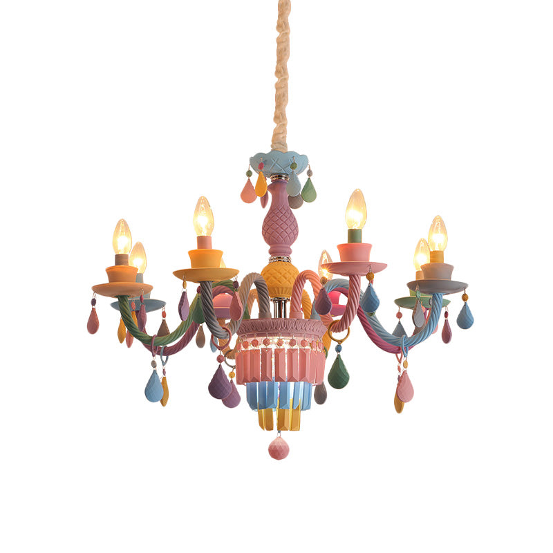 Kids Candle Ceiling Chandelier Crystal 3/5/6-Bulb Girls Bedroom Pendant Lighting in Pink with Curved Arm Clearhalo 'Ceiling Lights' 'Chandeliers' Lighting' options 702435