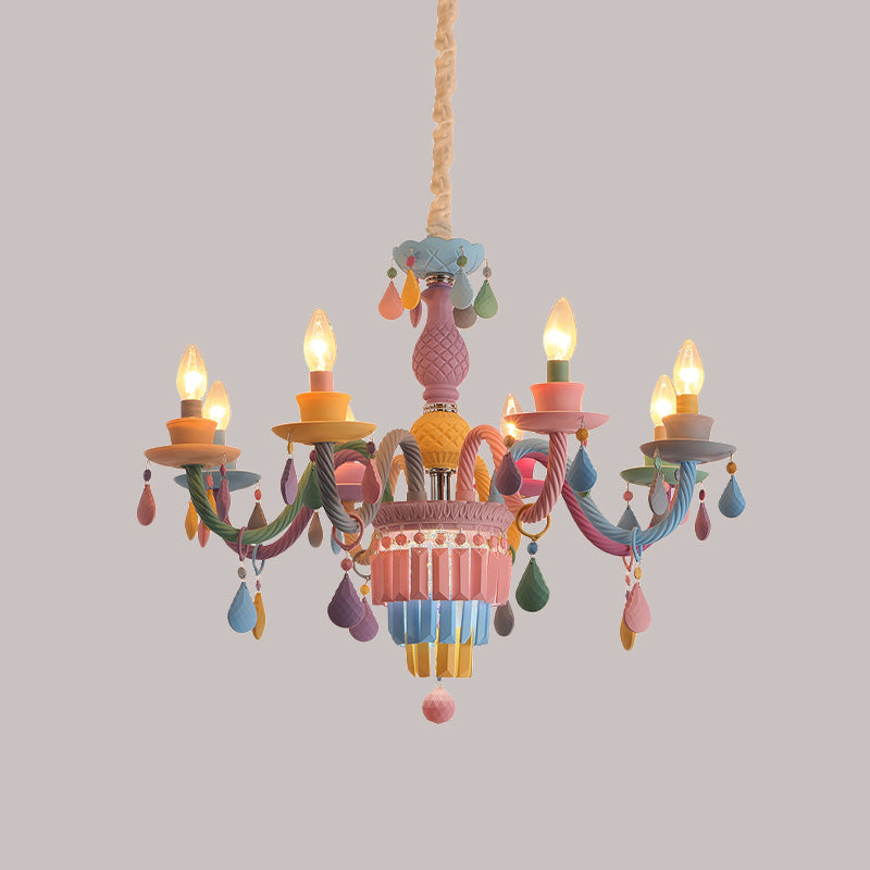 Kids Candle Ceiling Chandelier Crystal 3/5/6-Bulb Girls Bedroom Pendant Lighting in Pink with Curved Arm Clearhalo 'Ceiling Lights' 'Chandeliers' Lighting' options 702436