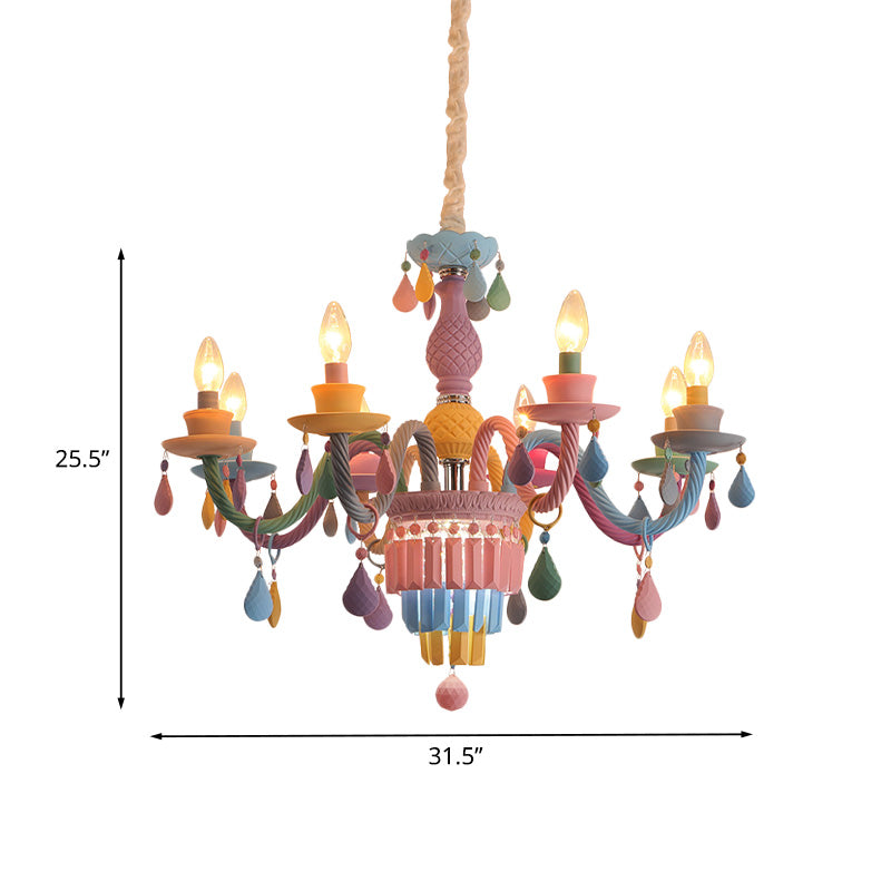 Kids Candle Ceiling Chandelier Crystal 3/5/6-Bulb Girls Bedroom Pendant Lighting in Pink with Curved Arm Clearhalo 'Ceiling Lights' 'Chandeliers' Lighting' options 702437