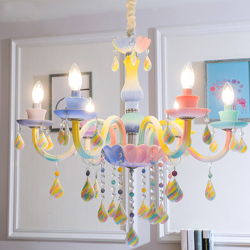 Curvy Arm Pendant Chandelier Kids Crystal 6 Heads Blue Hanging Light Kit with Candle Design Blue Clearhalo 'Ceiling Lights' 'Chandeliers' Lighting' options 702438_011805a2-44f6-4082-a732-dd344be37c37