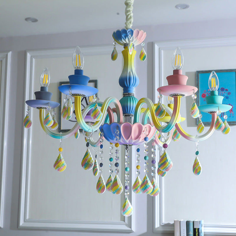 Curvy Arm Pendant Chandelier Kids Crystal 6 Heads Blue Hanging Light Kit with Candle Design Clearhalo 'Ceiling Lights' 'Chandeliers' Lighting' options 702439