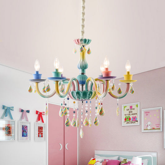 Curvy Arm Pendant Chandelier Kids Crystal 6 Heads Blue Hanging Light Kit with Candle Design Clearhalo 'Ceiling Lights' 'Chandeliers' Lighting' options 702440