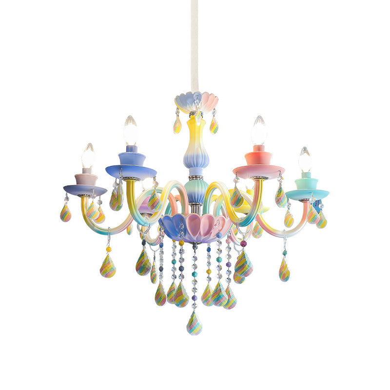 Curvy Arm Pendant Chandelier Kids Crystal 6 Heads Blue Hanging Light Kit with Candle Design Clearhalo 'Ceiling Lights' 'Chandeliers' Lighting' options 702441