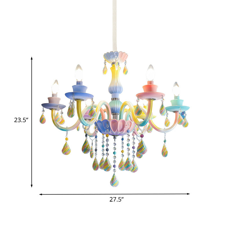 Curvy Arm Pendant Chandelier Kids Crystal 6 Heads Blue Hanging Light Kit with Candle Design Clearhalo 'Ceiling Lights' 'Chandeliers' Lighting' options 702442