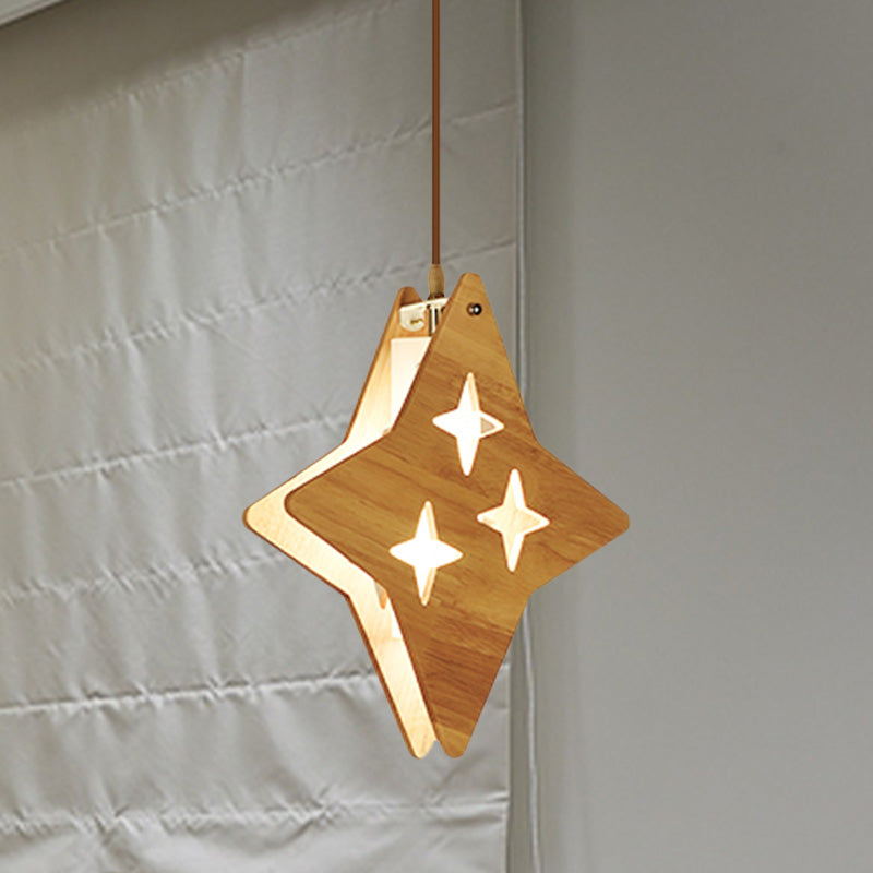 Wood Dual Star/Moon Panel Pendant Light Cartoon 1 Light Suspension Lamp in Beige for Restaurant Clearhalo 'Ceiling Lights' 'Pendant Lights' 'Pendants' Lighting' 702443