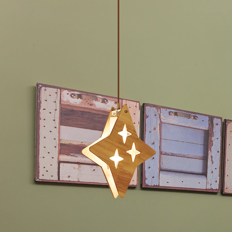 Wood Dual Star/Moon Panel Pendant Light Cartoon 1 Light Suspension Lamp in Beige for Restaurant Clearhalo 'Ceiling Lights' 'Pendant Lights' 'Pendants' Lighting' 702444