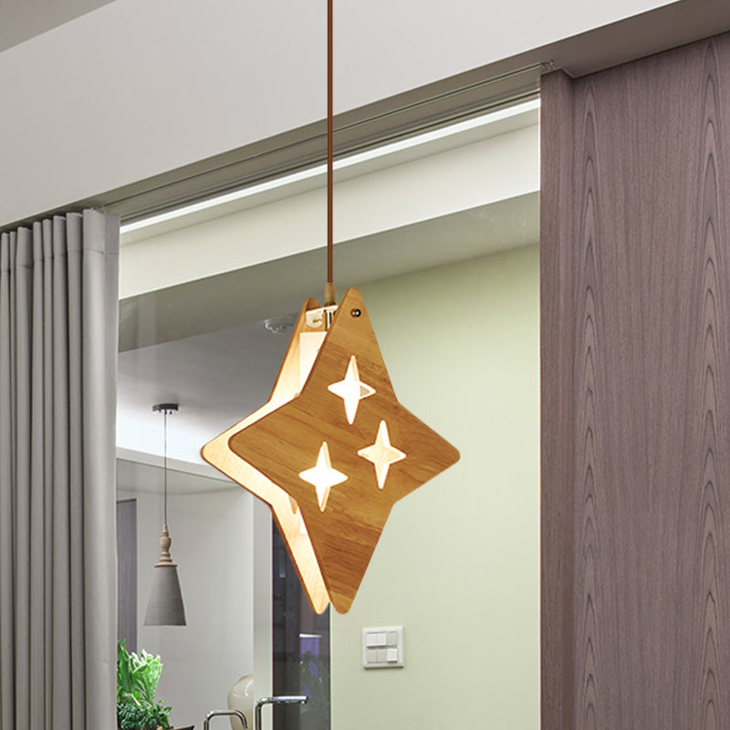 Wood Dual Star/Moon Panel Pendant Light Cartoon 1 Light Suspension Lamp in Beige for Restaurant Clearhalo 'Ceiling Lights' 'Pendant Lights' 'Pendants' Lighting' 702445