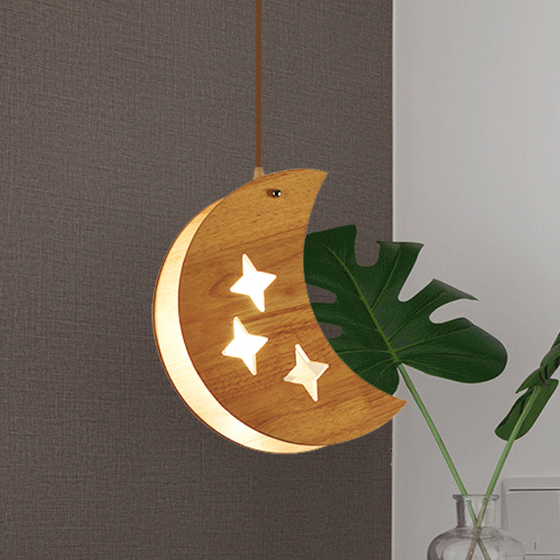 Wood Dual Star/Moon Panel Pendant Light Cartoon 1 Light Suspension Lamp in Beige for Restaurant Wood Moon Clearhalo 'Ceiling Lights' 'Pendant Lights' 'Pendants' Lighting' 702448_6977153b-28f7-4c19-bbc4-21d05fbb422a