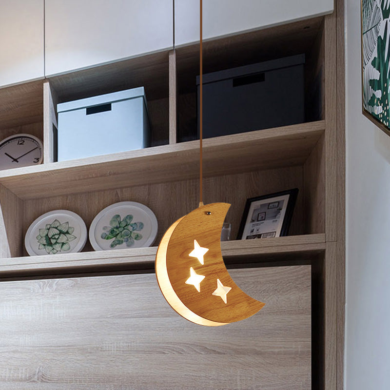 Wood Dual Star/Moon Panel Pendant Light Cartoon 1 Light Suspension Lamp in Beige for Restaurant Clearhalo 'Ceiling Lights' 'Pendant Lights' 'Pendants' Lighting' 702449