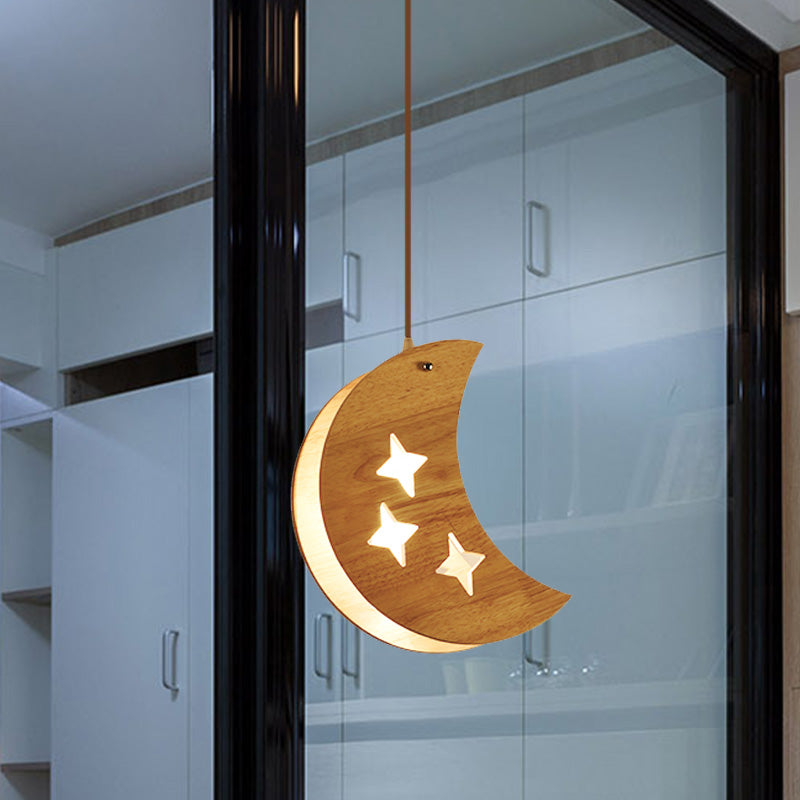 Wood Dual Star/Moon Panel Pendant Light Cartoon 1 Light Suspension Lamp in Beige for Restaurant Clearhalo 'Ceiling Lights' 'Pendant Lights' 'Pendants' Lighting' 702450