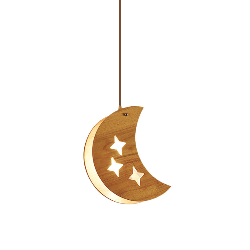 Wood Dual Star/Moon Panel Pendant Light Cartoon 1 Light Suspension Lamp in Beige for Restaurant Clearhalo 'Ceiling Lights' 'Pendant Lights' 'Pendants' Lighting' 702451