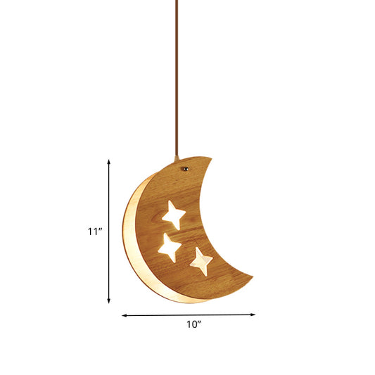 Wood Dual Star/Moon Panel Pendant Light Cartoon 1 Light Suspension Lamp in Beige for Restaurant Clearhalo 'Ceiling Lights' 'Pendant Lights' 'Pendants' Lighting' 702452