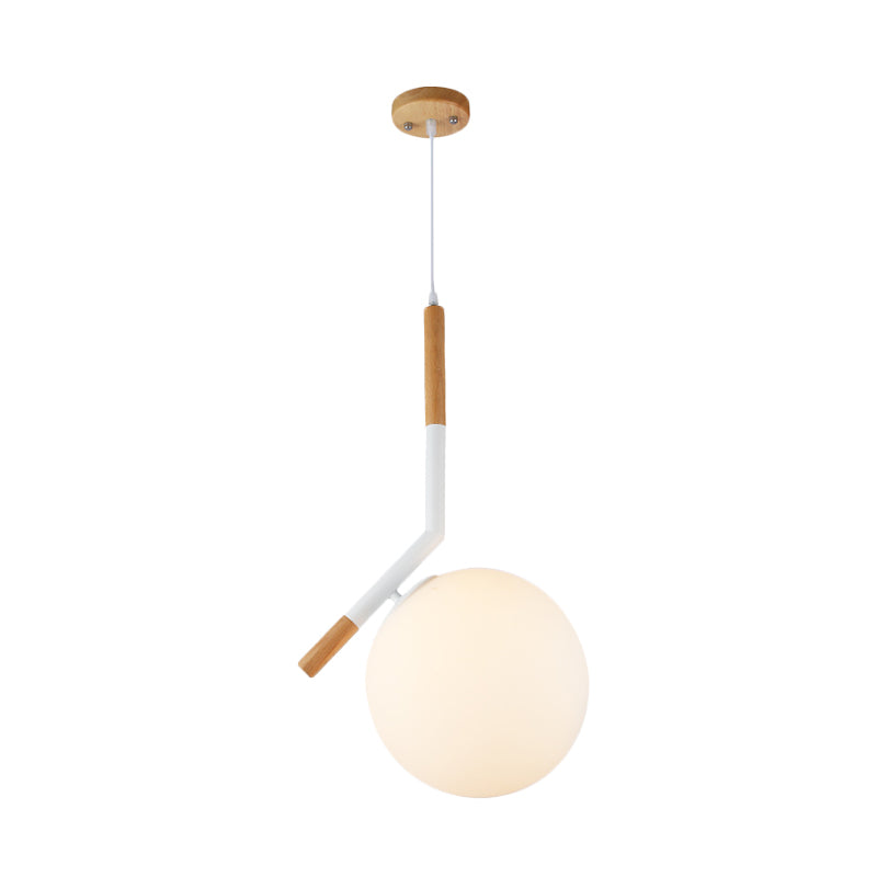 White Glass Globe Pendant Light Modern 1-Head Wood Hanging Lamp Kit with Angled Rod, 11.5"/14.5" Wide Clearhalo 'Ceiling Lights' 'Glass shade' 'Glass' 'Modern Pendants' 'Modern' 'Pendant Lights' 'Pendants' Lighting' 702489