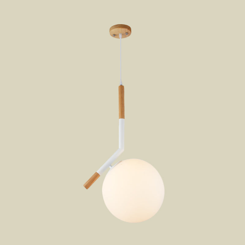 White Glass Globe Pendant Light Modern 1-Head Wood Hanging Lamp Kit with Angled Rod, 11.5"/14.5" Wide Clearhalo 'Ceiling Lights' 'Glass shade' 'Glass' 'Modern Pendants' 'Modern' 'Pendant Lights' 'Pendants' Lighting' 702490