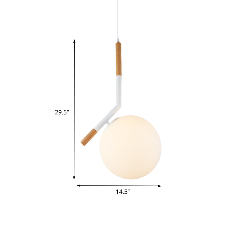 White Glass Globe Pendant Light Modern 1-Head Wood Hanging Lamp Kit with Angled Rod, 11.5"/14.5" Wide Clearhalo 'Ceiling Lights' 'Glass shade' 'Glass' 'Modern Pendants' 'Modern' 'Pendant Lights' 'Pendants' Lighting' 702492