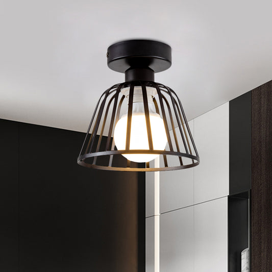 Minimalist Bowl Cage Semi Flush Lighting Iron 1 Bulb Corridor Ceiling Flush Mount in Black/Gold Black Clearhalo 'Ceiling Lights' 'Close To Ceiling Lights' 'Close to ceiling' 'Semi-flushmount' Lighting' 702566