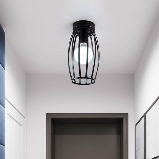 Black/Gold Finish Oval Cage Flush Mount Fixture Minimalist 1 Bulb Iron Flush Ceiling Lamp for Hallway Black Clearhalo 'Ceiling Lights' 'Close To Ceiling Lights' 'Close to ceiling' 'Flush mount' Lighting' 702577