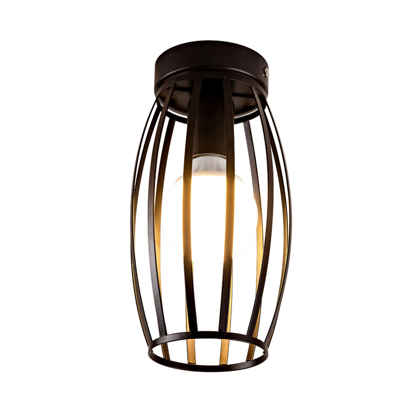 Black/Gold Finish Oval Cage Flush Mount Fixture Minimalist 1 Bulb Iron Flush Ceiling Lamp for Hallway Clearhalo 'Ceiling Lights' 'Close To Ceiling Lights' 'Close to ceiling' 'Flush mount' Lighting' 702579