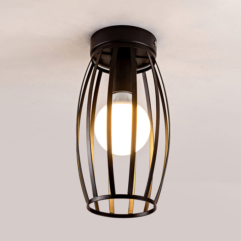 Black/Gold Finish Oval Cage Flush Mount Fixture Minimalist 1 Bulb Iron Flush Ceiling Lamp for Hallway Clearhalo 'Ceiling Lights' 'Close To Ceiling Lights' 'Close to ceiling' 'Flush mount' Lighting' 702580