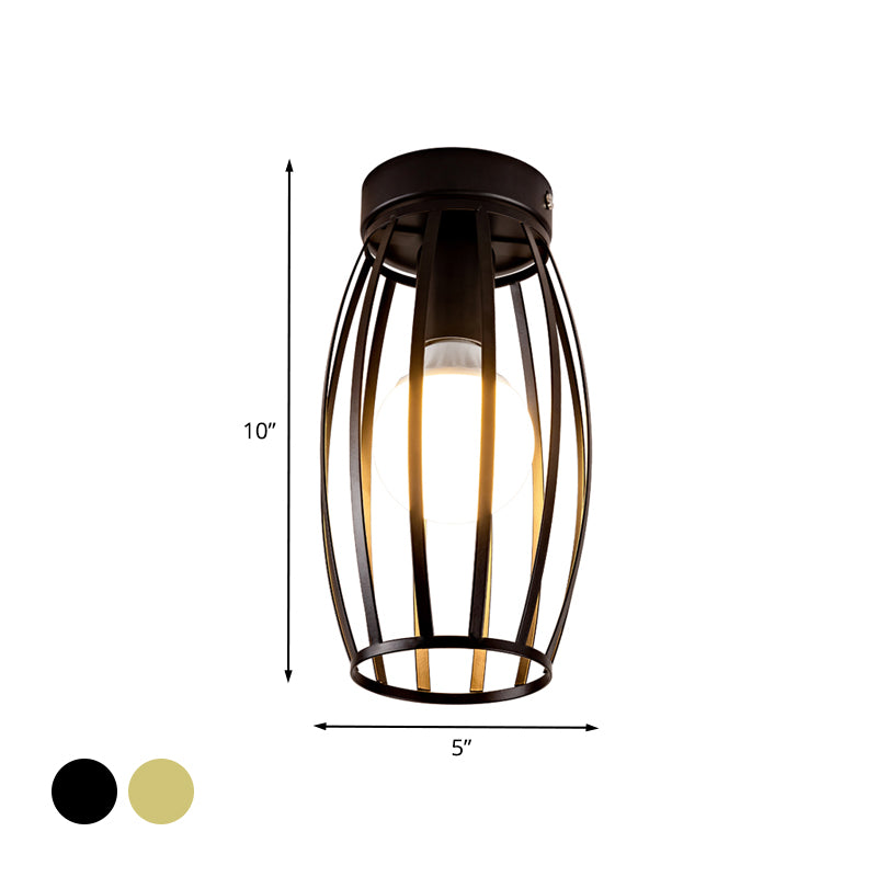 Black/Gold Finish Oval Cage Flush Mount Fixture Minimalist 1 Bulb Iron Flush Ceiling Lamp for Hallway Clearhalo 'Ceiling Lights' 'Close To Ceiling Lights' 'Close to ceiling' 'Flush mount' Lighting' 702581