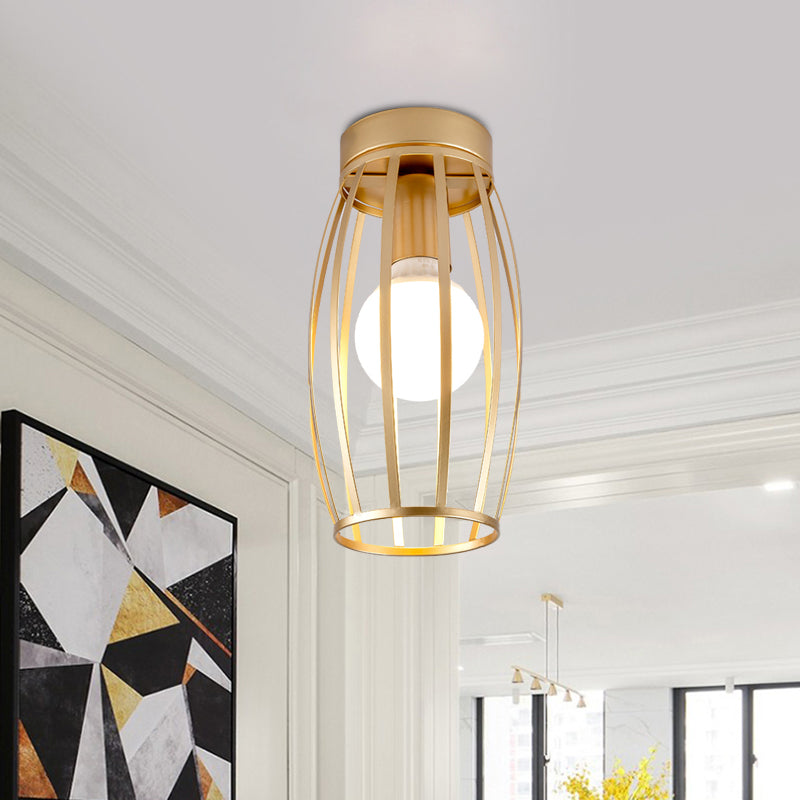 Black/Gold Finish Oval Cage Flush Mount Fixture Minimalist 1 Bulb Iron Flush Ceiling Lamp for Hallway Gold Clearhalo 'Ceiling Lights' 'Close To Ceiling Lights' 'Close to ceiling' 'Flush mount' Lighting' 702582