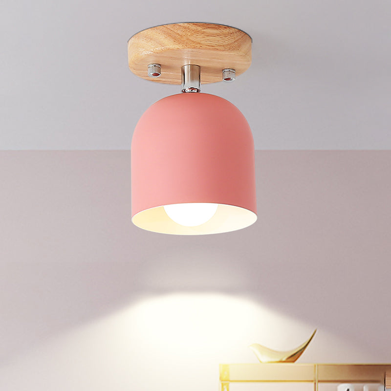 Bell Iron Shade Semi Flush Lighting Macaron 1-Bulb Pink Finish Rotatable Ceiling Mounted Lamp Pink Clearhalo 'Ceiling Lights' 'Close To Ceiling Lights' 'Close to ceiling' 'Semi-flushmount' Lighting' 702590