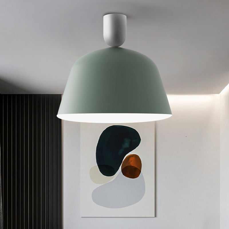 10"/12" Wide 1 Light Bedroom Semi Flush Mount Macaron Green Finish Ceiling Lamp Fixture with Bowl Iron Shade Green Clearhalo 'Ceiling Lights' 'Close To Ceiling Lights' 'Close to ceiling' 'Semi-flushmount' Lighting' 702600