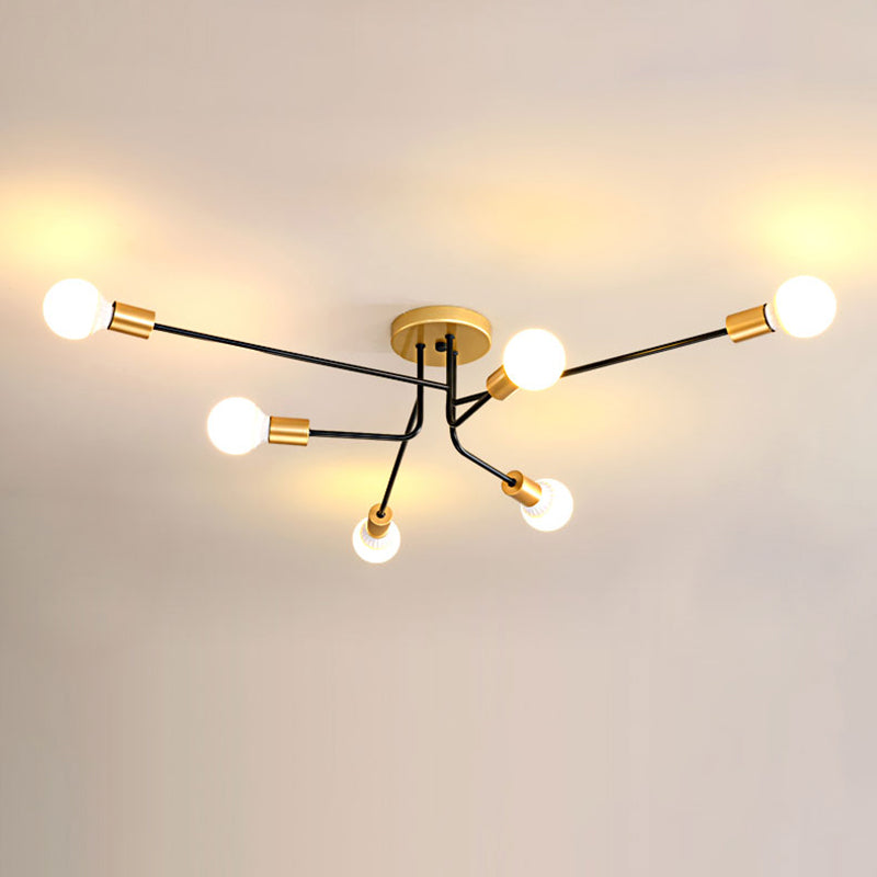 Sputnik Linear Semi Flush Mount Modernist Metal 6 Bulbs Gold and Black Finish Close to Ceiling Light Gold Clearhalo 'Ceiling Lights' 'Close To Ceiling Lights' 'Close to ceiling' 'Semi-flushmount' Lighting' 702614