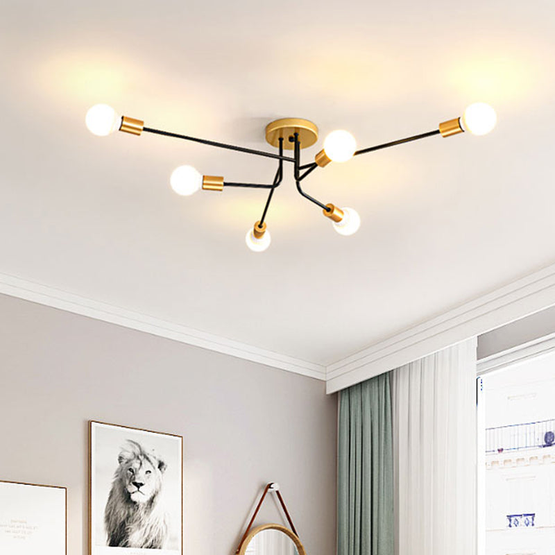 Sputnik Linear Semi Flush Mount Modernist Metal 6 Bulbs Gold and Black Finish Close to Ceiling Light Clearhalo 'Ceiling Lights' 'Close To Ceiling Lights' 'Close to ceiling' 'Semi-flushmount' Lighting' 702615