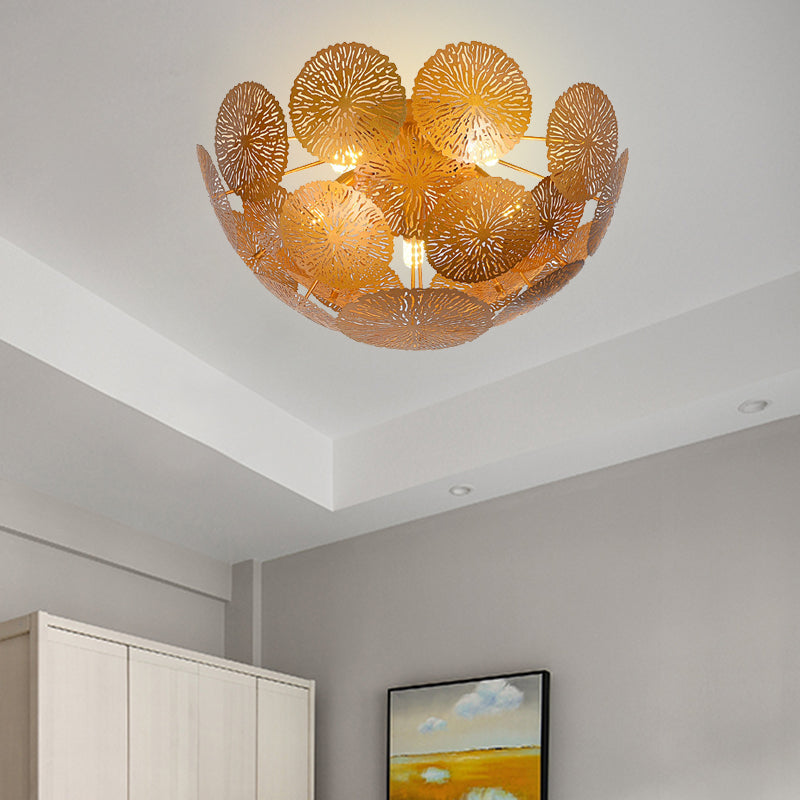 Lotus Leaf Metal Semi Flush Light Postmodern 5 Heads Gold Finish Flush Mount Lamp Fixture Clearhalo 'Ceiling Lights' 'Close To Ceiling Lights' 'Close to ceiling' 'Semi-flushmount' Lighting' 702625