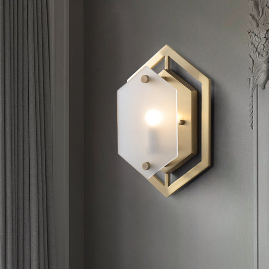 Hexagon Sconce Lighting Postmodern Metallic 1-Bulb Brass Wall Lamp Fixture with Translucent Glass Shade Brass Clearhalo 'Cast Iron' 'Glass' 'Industrial' 'Modern wall lights' 'Modern' 'Tiffany' 'Traditional wall lights' 'Wall Lamps & Sconces' 'Wall Lights' Lighting' 702639