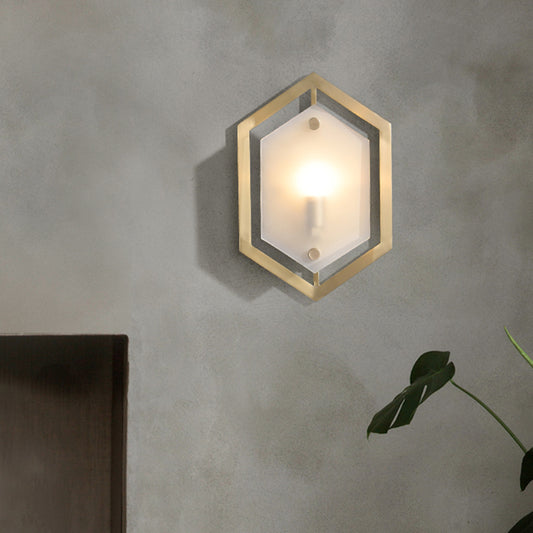 Hexagon Sconce Lighting Postmodern Metallic 1-Bulb Brass Wall Lamp Fixture with Translucent Glass Shade Clearhalo 'Cast Iron' 'Glass' 'Industrial' 'Modern wall lights' 'Modern' 'Tiffany' 'Traditional wall lights' 'Wall Lamps & Sconces' 'Wall Lights' Lighting' 702640