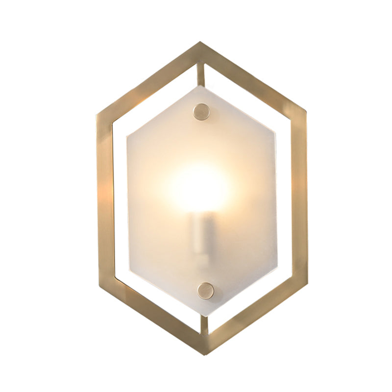 Hexagon Sconce Lighting Postmodern Metallic 1-Bulb Brass Wall Lamp Fixture with Translucent Glass Shade Clearhalo 'Cast Iron' 'Glass' 'Industrial' 'Modern wall lights' 'Modern' 'Tiffany' 'Traditional wall lights' 'Wall Lamps & Sconces' 'Wall Lights' Lighting' 702641