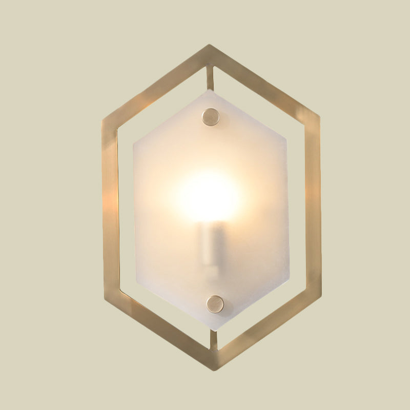 Hexagon Sconce Lighting Postmodern Metallic 1-Bulb Brass Wall Lamp Fixture with Translucent Glass Shade Clearhalo 'Cast Iron' 'Glass' 'Industrial' 'Modern wall lights' 'Modern' 'Tiffany' 'Traditional wall lights' 'Wall Lamps & Sconces' 'Wall Lights' Lighting' 702642