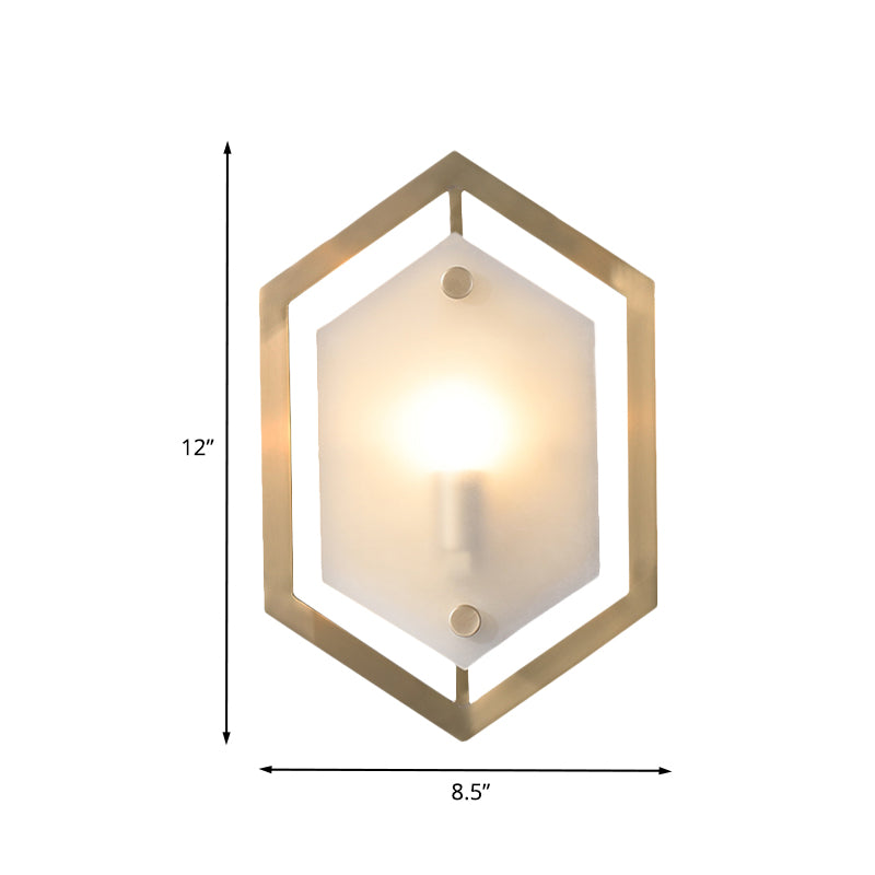 Hexagon Sconce Lighting Postmodern Metallic 1-Bulb Brass Wall Lamp Fixture with Translucent Glass Shade Clearhalo 'Cast Iron' 'Glass' 'Industrial' 'Modern wall lights' 'Modern' 'Tiffany' 'Traditional wall lights' 'Wall Lamps & Sconces' 'Wall Lights' Lighting' 702643