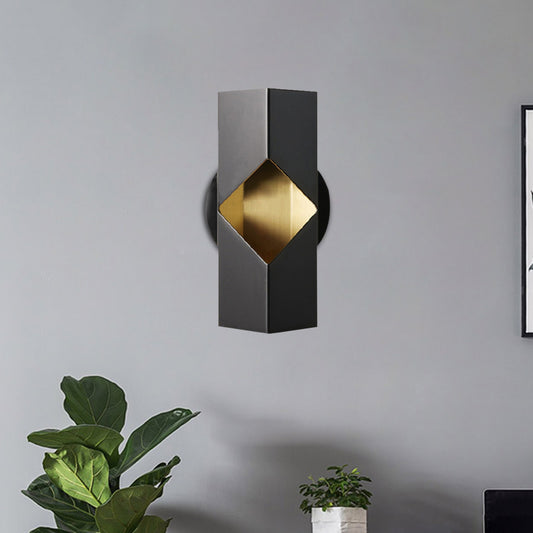 1-Light Bedroom Sconce Light Fixture Modernist Black LED Wall Mount with Geometric Iron Shade Black Clearhalo 'Cast Iron' 'Glass' 'Industrial' 'Modern wall lights' 'Modern' 'Tiffany' 'Traditional wall lights' 'Wall Lamps & Sconces' 'Wall Lights' Lighting' 702644