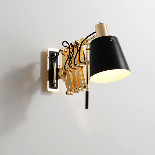Expansion Arm Wall Mount Light Post Modern Metallic Gold 1-Head Sconce Lamp with Black Barrel Shade Black Clearhalo 'Cast Iron' 'Glass' 'Industrial' 'Modern wall lights' 'Modern' 'Tiffany' 'Traditional wall lights' 'Wall Lamps & Sconces' 'Wall Lights' Lighting' 702649