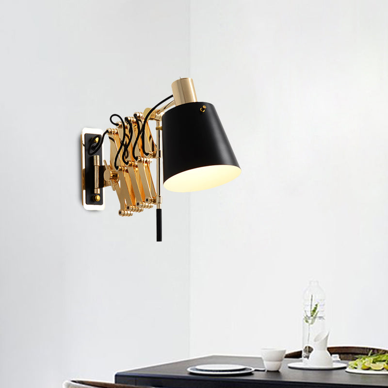 Expansion Arm Wall Mount Light Post Modern Metallic Gold 1-Head Sconce Lamp with Black Barrel Shade Clearhalo 'Cast Iron' 'Glass' 'Industrial' 'Modern wall lights' 'Modern' 'Tiffany' 'Traditional wall lights' 'Wall Lamps & Sconces' 'Wall Lights' Lighting' 702650