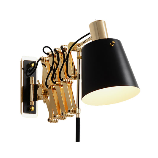 Expansion Arm Wall Mount Light Post Modern Metallic Gold 1-Head Sconce Lamp with Black Barrel Shade Clearhalo 'Cast Iron' 'Glass' 'Industrial' 'Modern wall lights' 'Modern' 'Tiffany' 'Traditional wall lights' 'Wall Lamps & Sconces' 'Wall Lights' Lighting' 702651