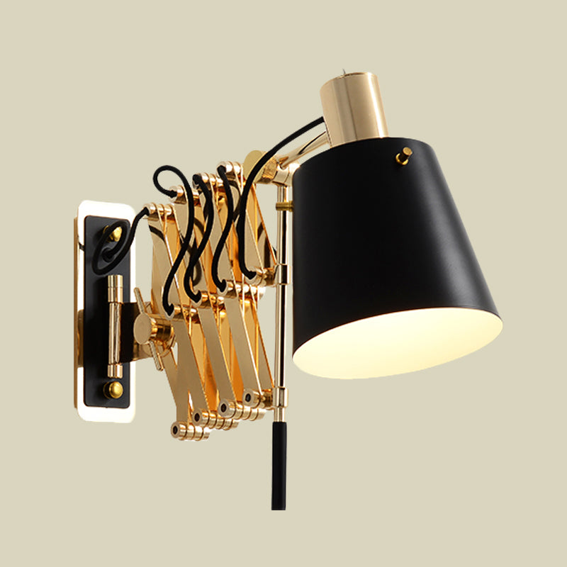 Expansion Arm Wall Mount Light Post Modern Metallic Gold 1-Head Sconce Lamp with Black Barrel Shade Clearhalo 'Cast Iron' 'Glass' 'Industrial' 'Modern wall lights' 'Modern' 'Tiffany' 'Traditional wall lights' 'Wall Lamps & Sconces' 'Wall Lights' Lighting' 702652