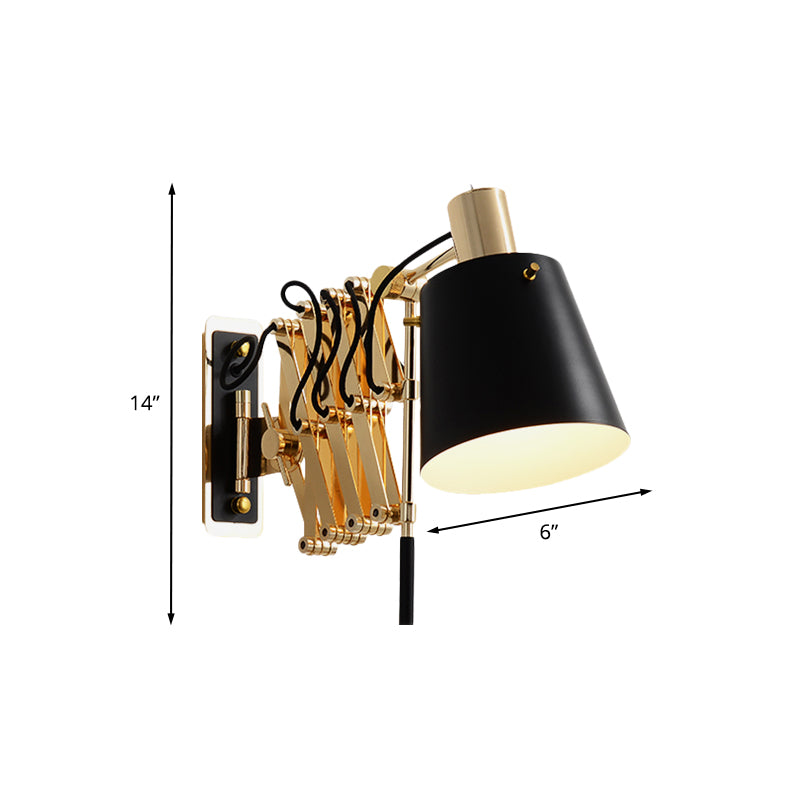 Expansion Arm Wall Mount Light Post Modern Metallic Gold 1-Head Sconce Lamp with Black Barrel Shade Clearhalo 'Cast Iron' 'Glass' 'Industrial' 'Modern wall lights' 'Modern' 'Tiffany' 'Traditional wall lights' 'Wall Lamps & Sconces' 'Wall Lights' Lighting' 702653