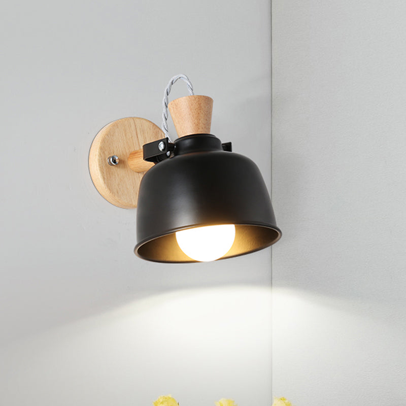 Bowl Bedside Wall Light Fixture Iron 1 Light Macaron Handle Sconce Lamp in Grey/Black with Wood Top and Backplate Black Clearhalo 'Modern wall lights' 'Modern' 'Wall Lamps & Sconces' 'Wall Lights' Lighting' 702659