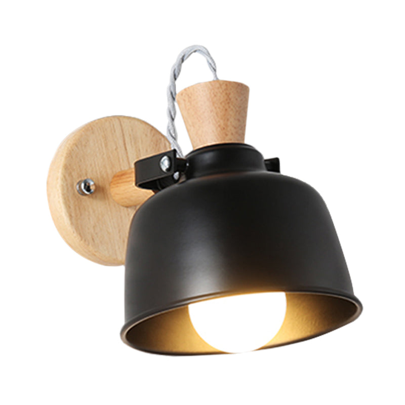 Bowl Bedside Wall Light Fixture Iron 1 Light Macaron Handle Sconce Lamp in Grey/Black with Wood Top and Backplate Clearhalo 'Modern wall lights' 'Modern' 'Wall Lamps & Sconces' 'Wall Lights' Lighting' 702661